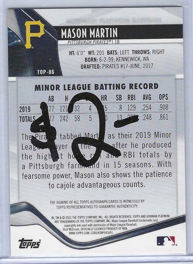 MASON MARTIN 2021 BOWMAN PLATINUM SILVER FOIL PROSPECT AUTO #TOP-86