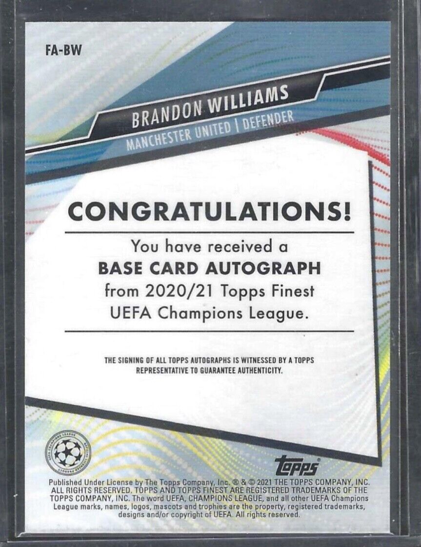 BRANDON WILLIAMS 2020-21 TOPPS FINEST UCL SILVER REFRACTOR ROOKIE AUTO RC #FA-BW