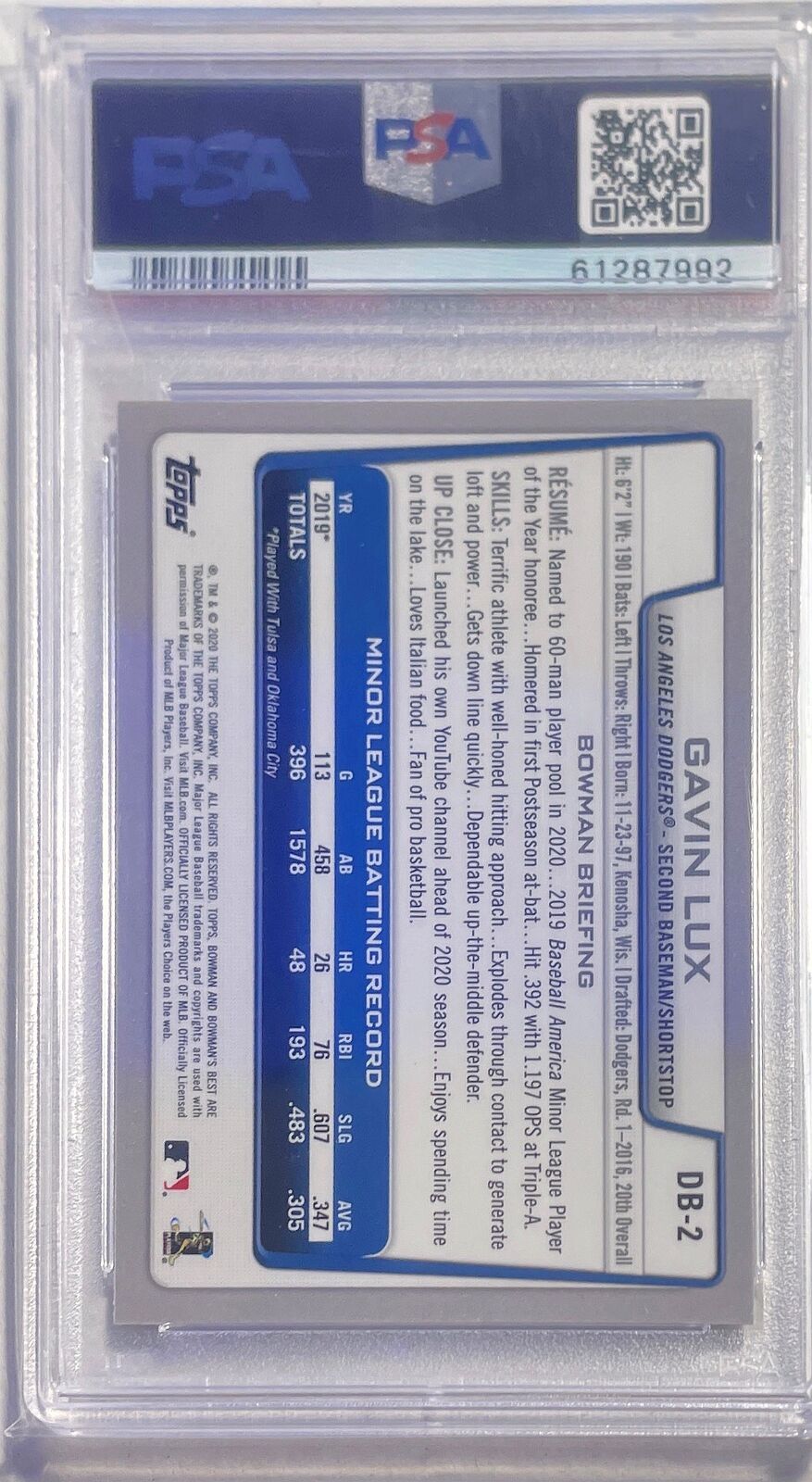 GAVIN LUX 2020 BOWMAN'S BEST DECADE'S BEST ROOKIE REFRACTOR RC PSA 10 GEM POP 12