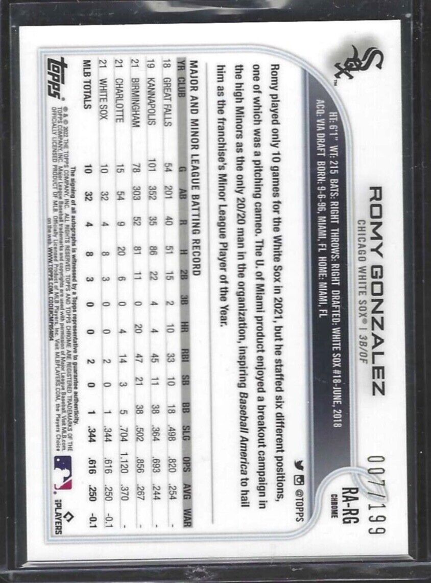 ROMY GONZALEZ 2022 TOPPS CHROME AQUA WAVE REFRACTOR ROOKIE AUTO RC #D 007/199