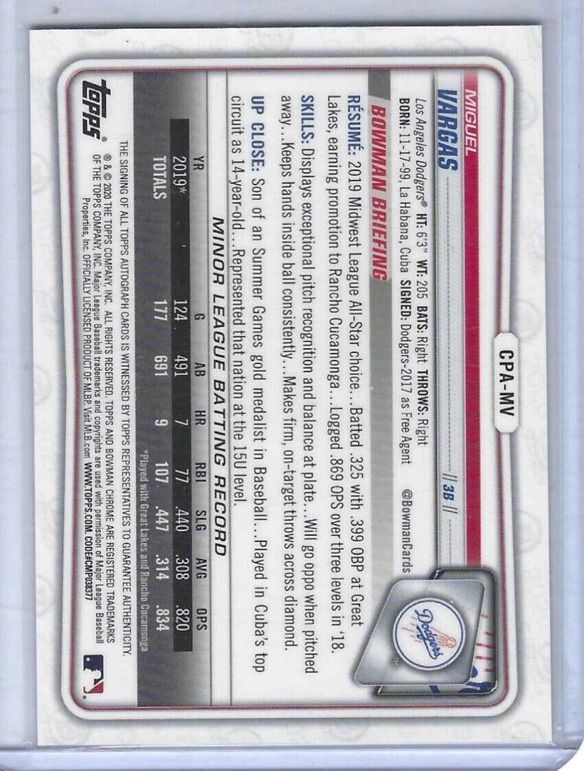 MIGUEL VARGAS 2020 BOWMAN CHROME 1ST PROSPECT AUTO #CDA-MV