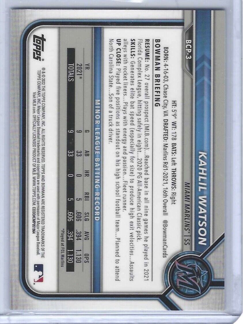 KAHLIL WATSON 2022 BOWMAN CHROME SAPPHIRE REFRACTOR 1ST PROSPECT #BCP-3