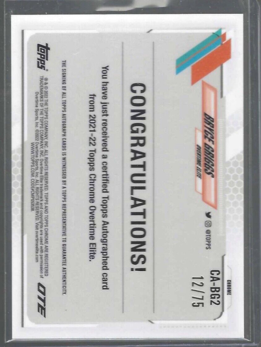 BRYCE GRIGGS 2021-22 TOPPS CHROME OVERTIME ELITE GREEN REFRACTOR AUTO RC #D /75