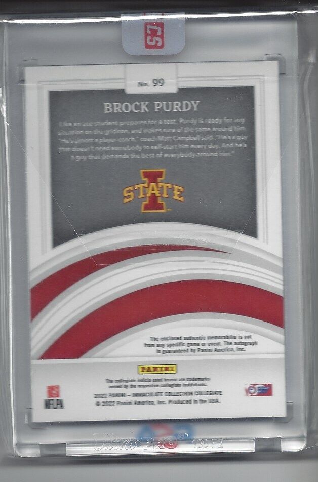 BROCK PURDY 2022 PANINI IMMACULATE RPA JUMBO ROOKIE PATCH ON CARD AUTO RC #D /99