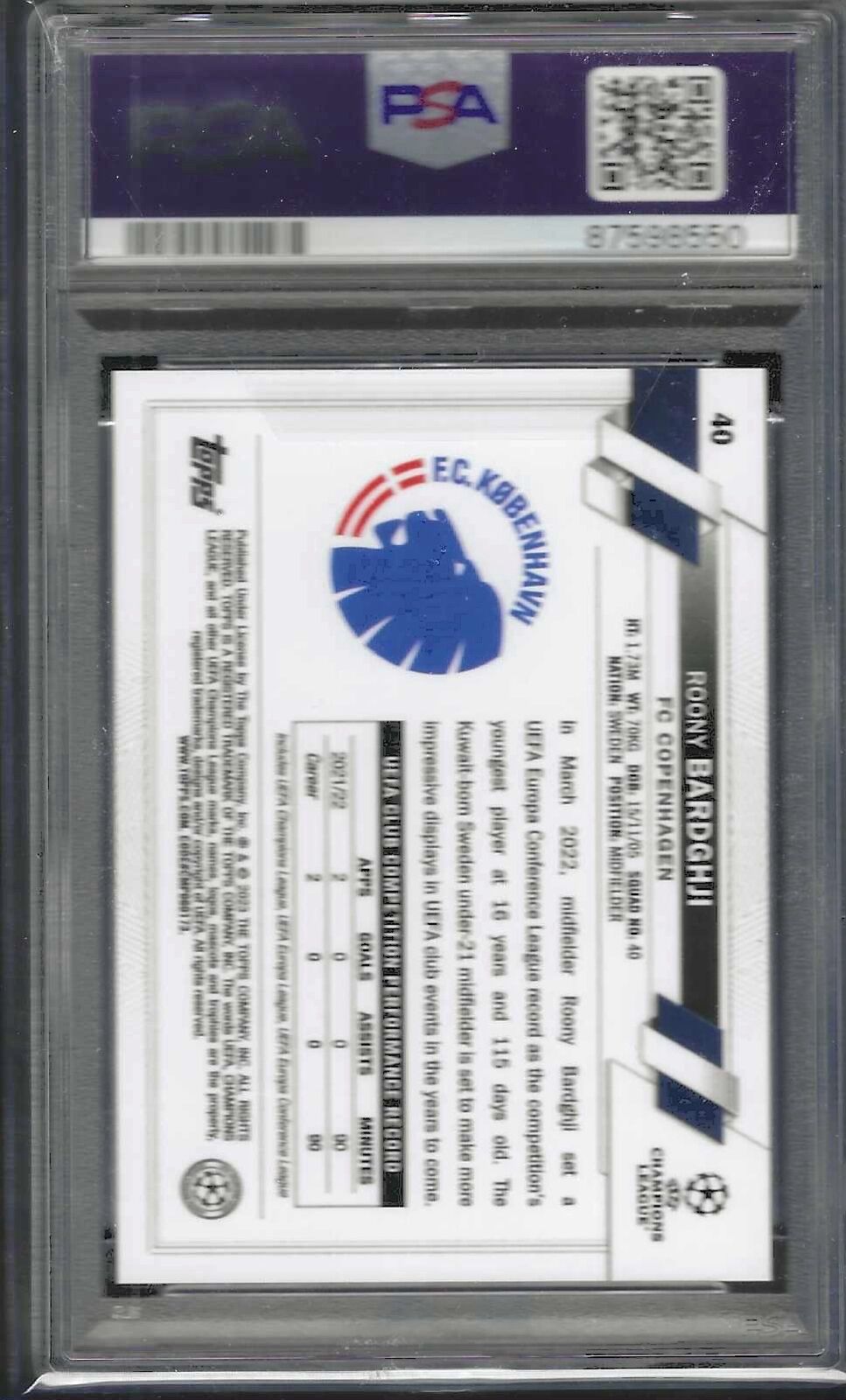 ROONY BARDGHJI 2022-23 TOPPS CHROME UCC PULSAR REFRACTOR RC #40 PSA 10 GEM POP 5