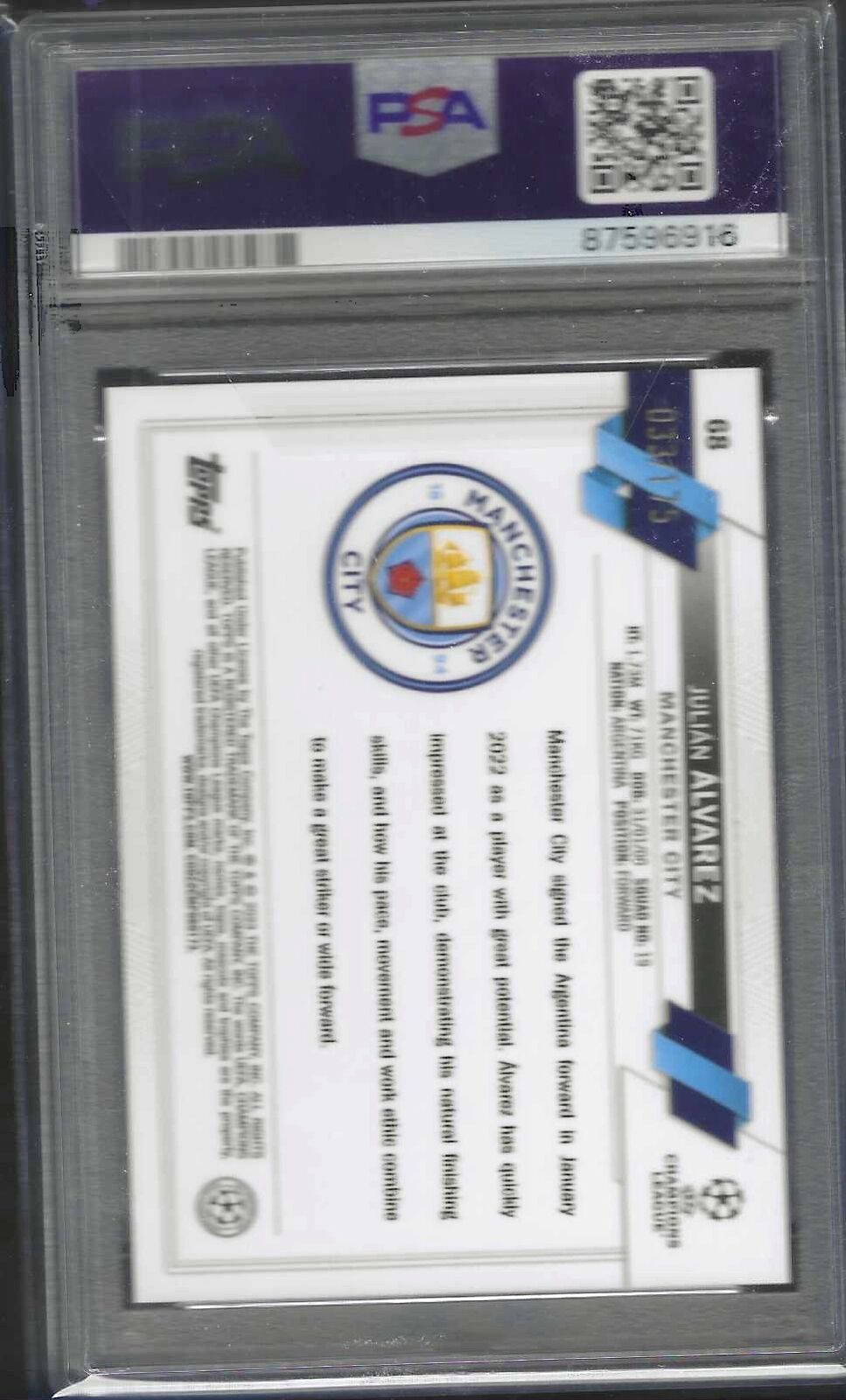 JULIAN ALVAREZ 2022-23 TOPPS CHROME PINK MINI-DIAMOND REFRACTOR RC /175 PSA 10
