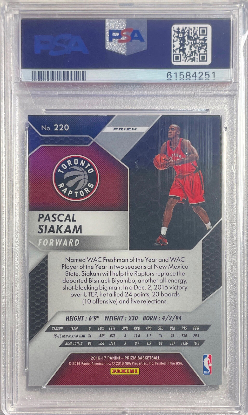 PASCAL SIAKAM 2016-17 PANINI PRIZM SILVER PRIZMS ROOKIE RC #220 PSA 9 MINT