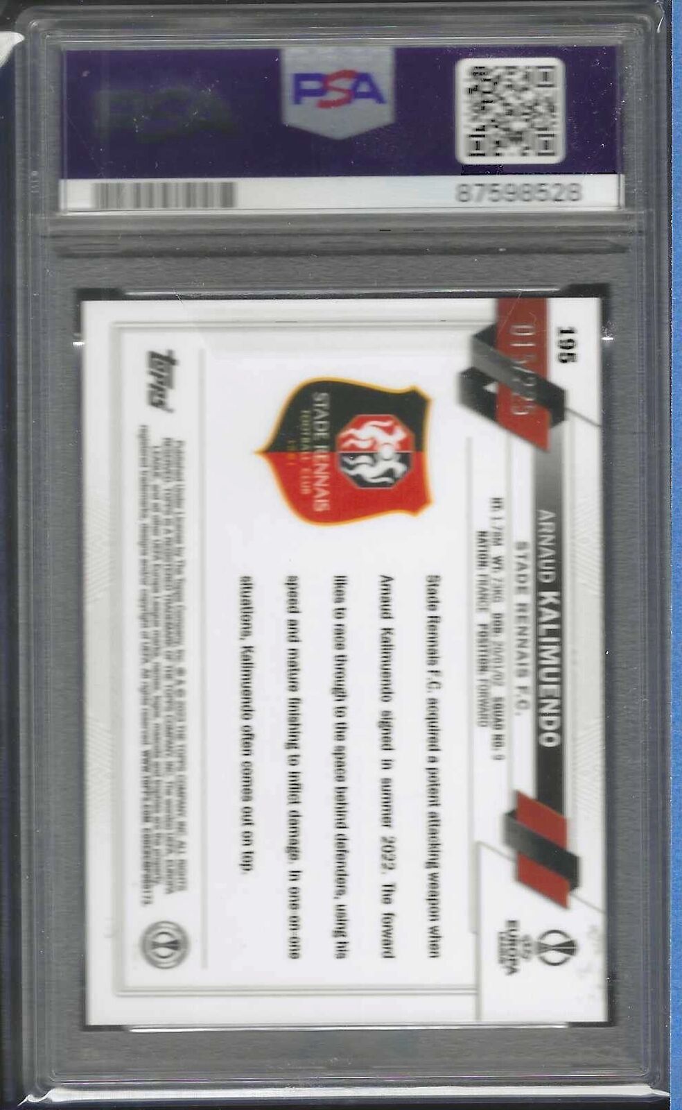 ARNAUD KALIMUENDO 2022-23 TOPPS CHROME NIGHT VISION RAYWAVE RC /225 PSA 10 POP 1