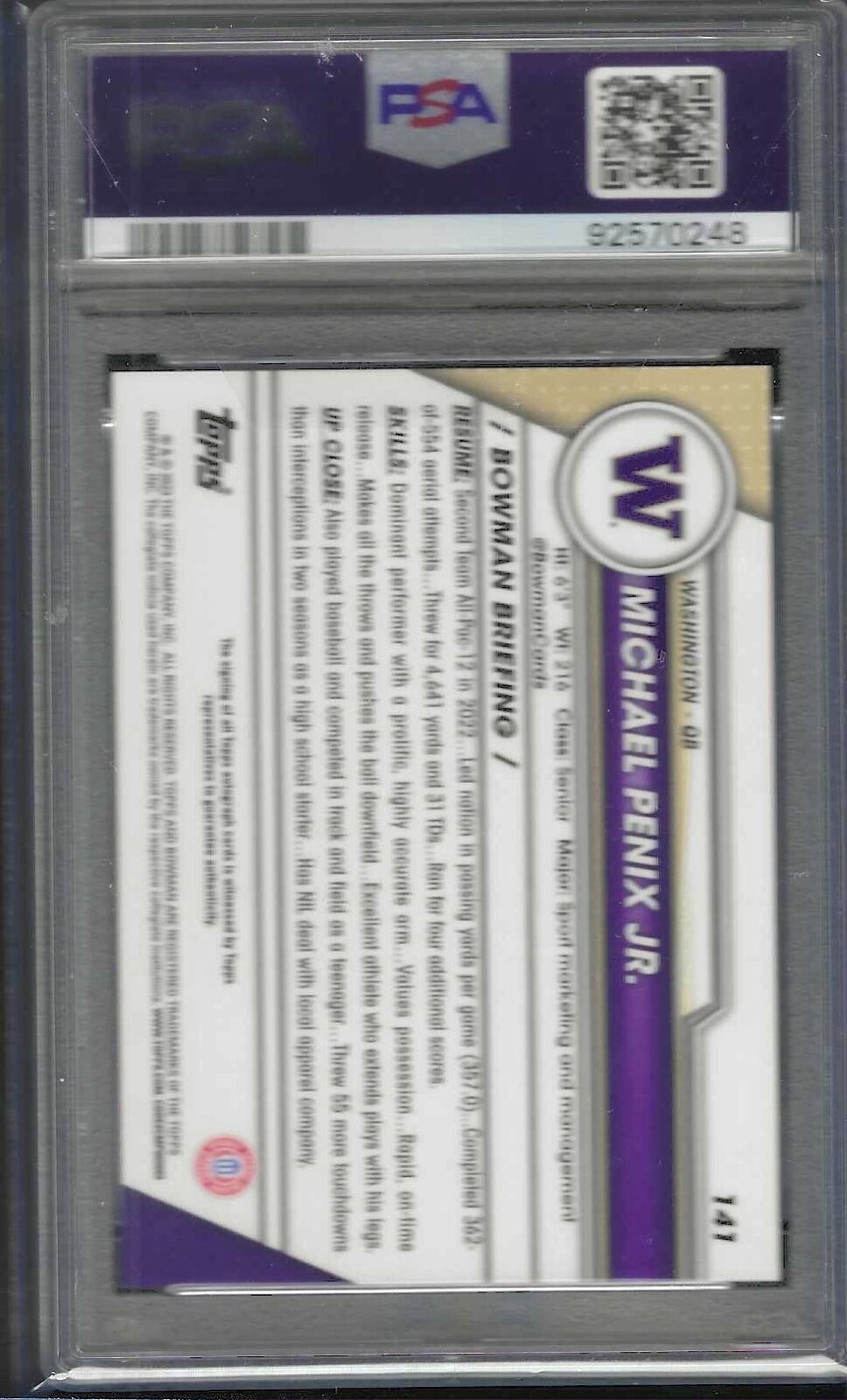 MICHAEL PENIX JR 2023 BOWMAN U CHROME PROSPECT AUTO #141 PSA 10 GEM MINT