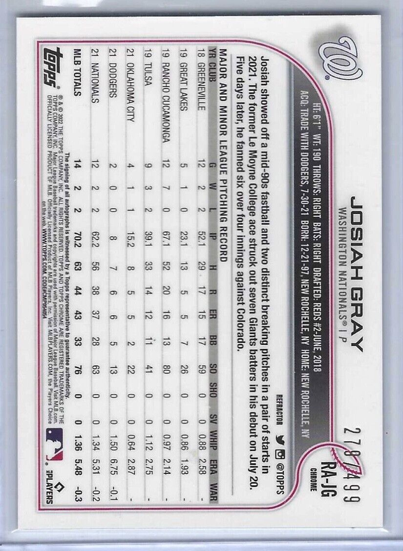 JOSIAH GRAY 2022 TOPPS CHROME REFRACTOR ROOKIE ON CARD AUTO RC #D 279/499