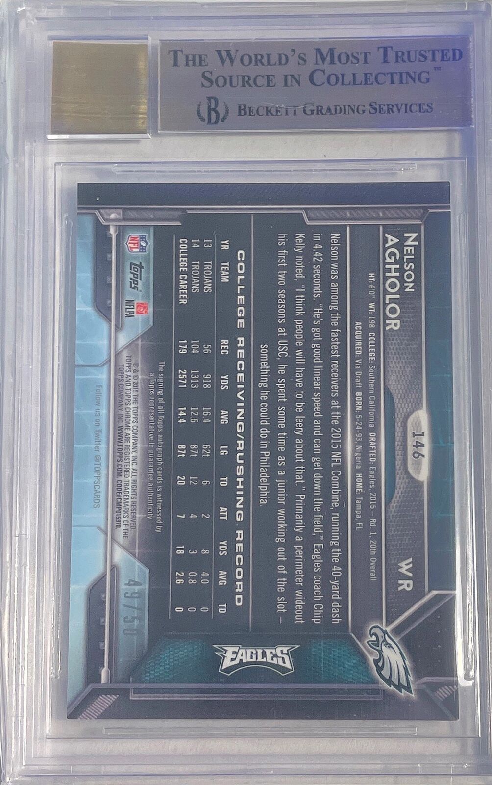 NELSON AGHOLOR 2015 TOPPS CHROME BLUE REFRACTOR AUTO RC /50 BGS 9.5 10 AU POP 2