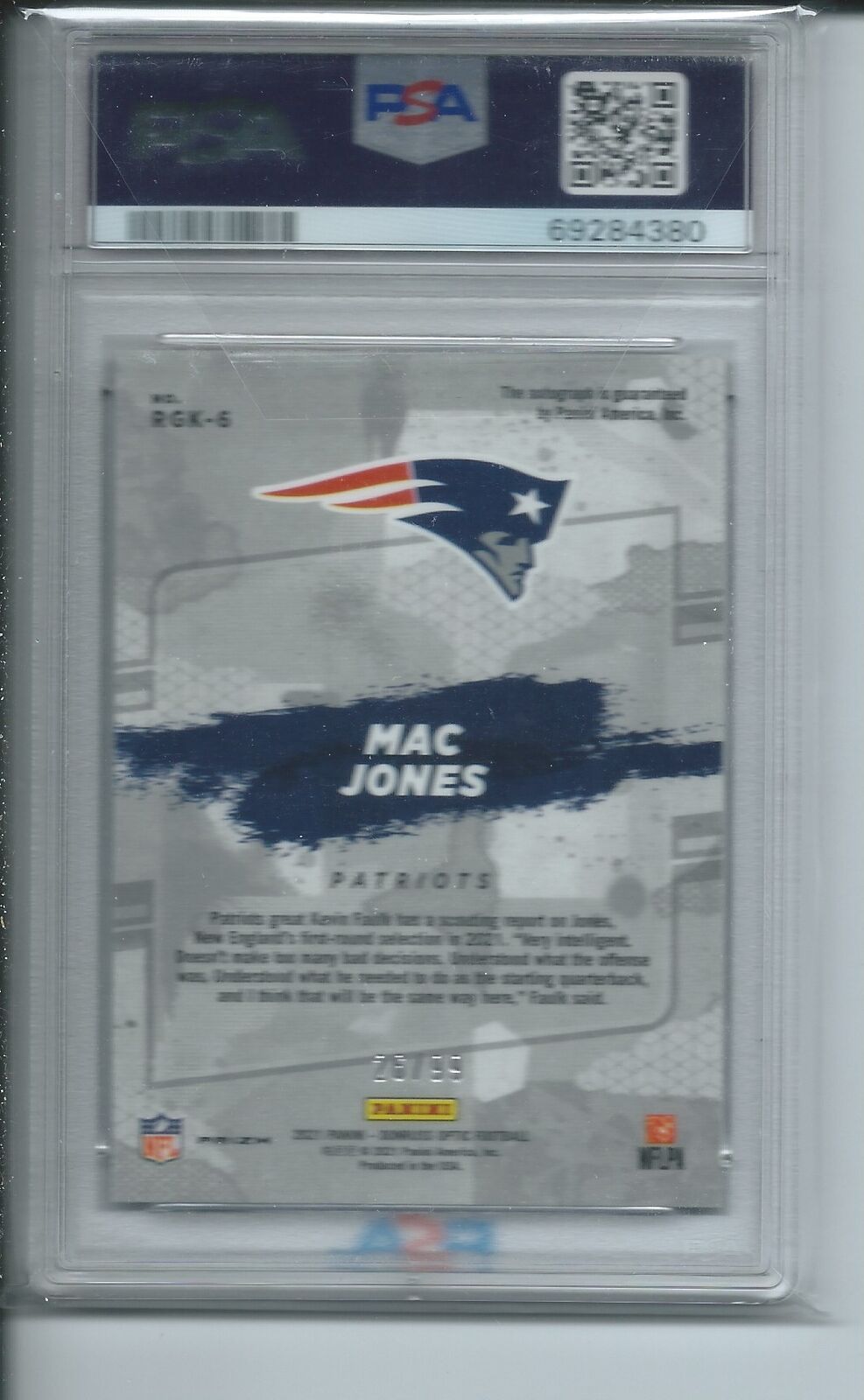 MAC JONES 2021 PANINI DONRUSS OPTIC ROOKIE GRIDIRON KINGS HOLO AUTO RC /99 PSA 9