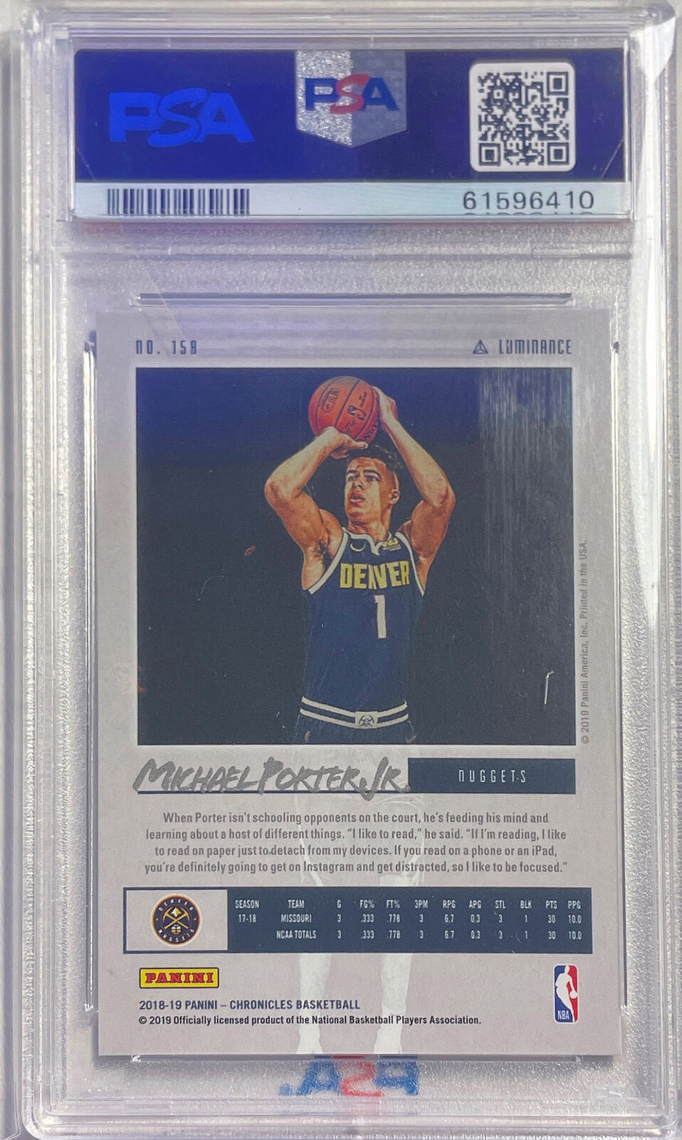 MICHAEL PORTER JR 2018-19 PANINI CHRONICLES LUMINANCE GREEN RC #158 PSA 8 POP 1