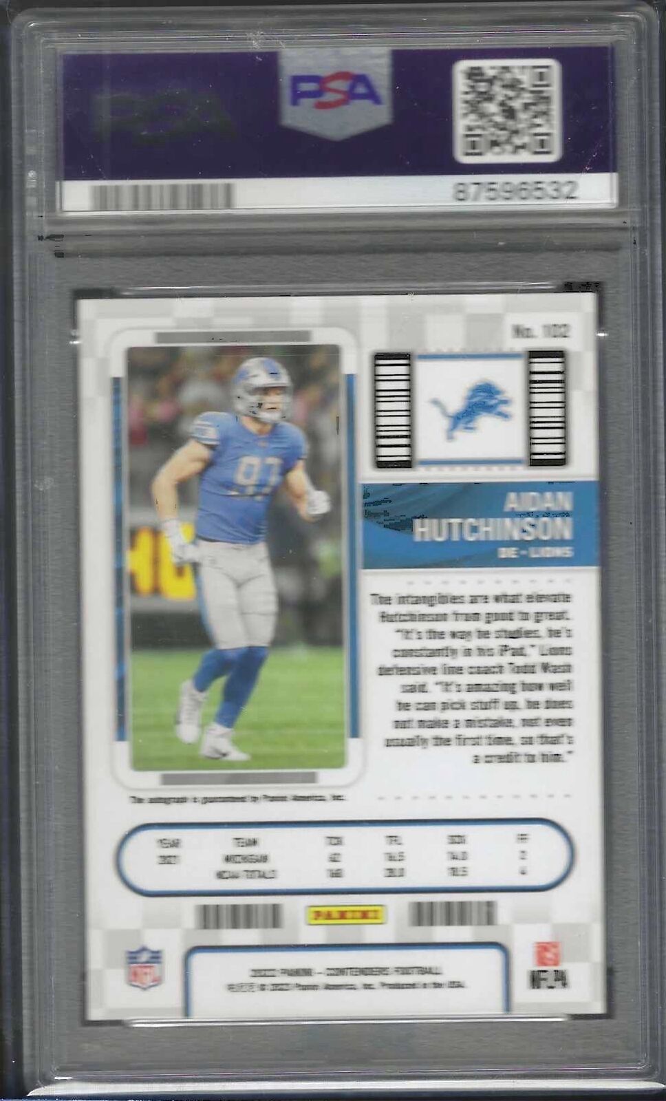 AIDAN HUTCHINSON 2022 PANINI CONTENDERS ROOKIE TICKET AUTO RC #102 PSA 10 GEM