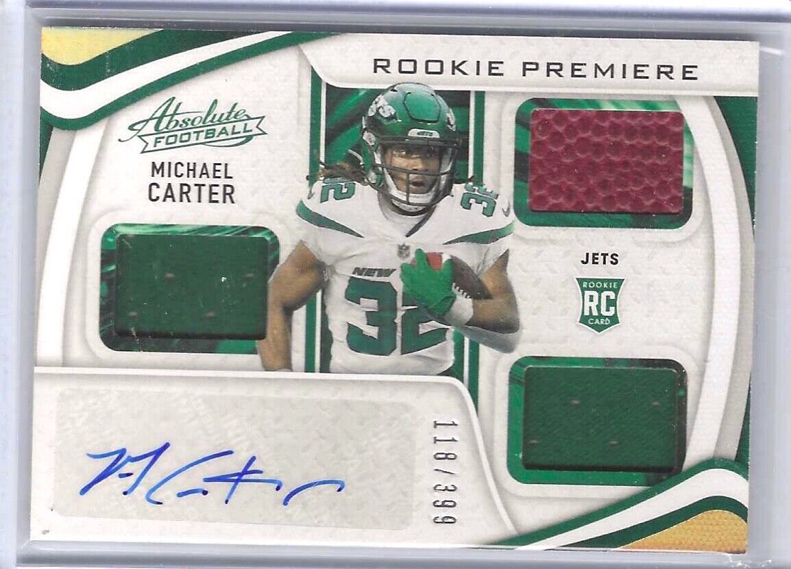 MICHAEL CARTER 2021 PANINI ABSOLUTE ROOKIE TRIPLE PATCH AUTO RC #D 118/399