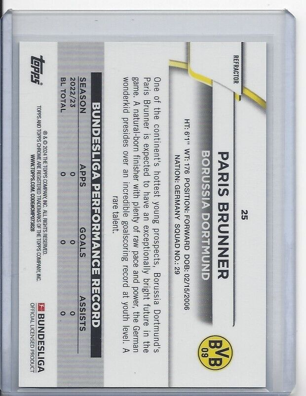 PARIS BRUNNER 2023-24 TOPPS CHROME BUNDESLIGA GREEN REFRACTOR RC #D 37/99