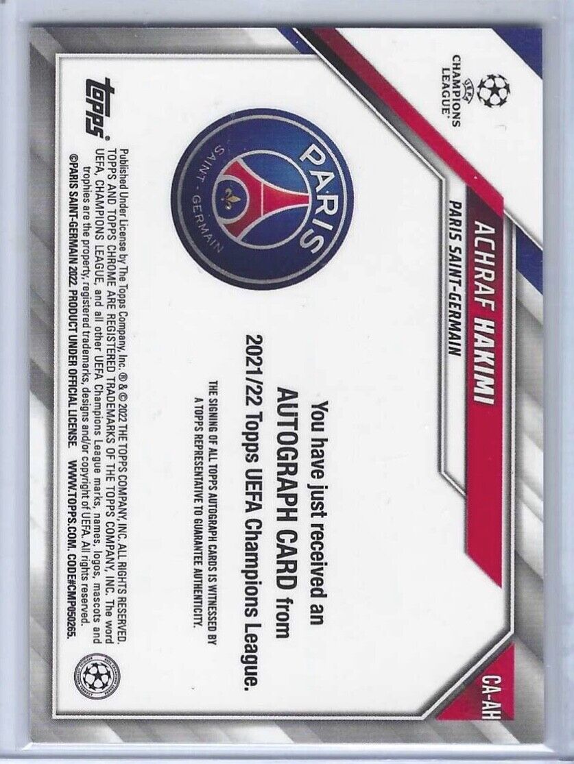 ACHRAF HAKIMI 2021-22 TOPPS CHROME UEFA BLACK & WHITE RAYWAVE REFRACTOR AUTO