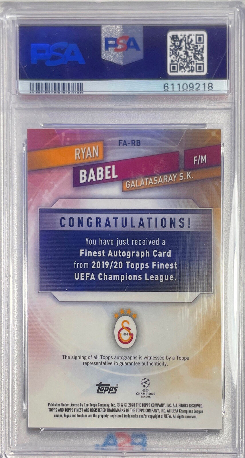 RYAN BABEL 2019-20 TOPPS FINEST UCL AUTO REFRACTOR PSA 10 GEM MINT POP 5