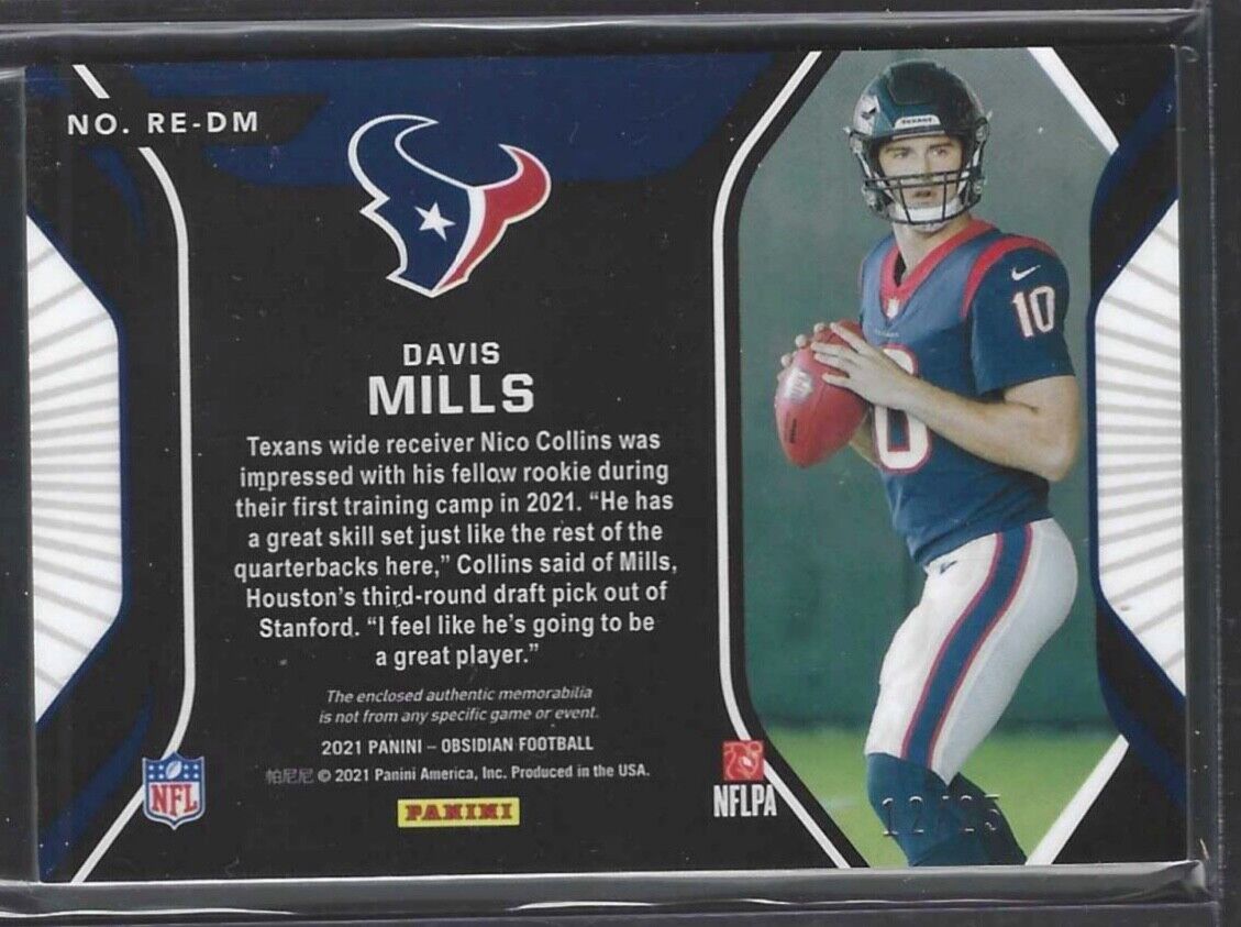 DAVIS MILLS 2021 PANINI OBSIDIAN YELLOW ETCH ROOKIE ERUPTION PATCH RC #D 12/25