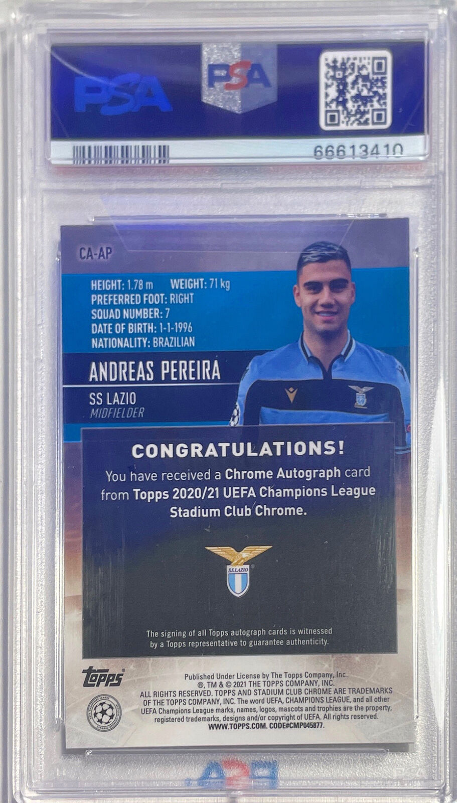 ANDREAS PEREIRA 2020-21 STADIUM CLUB CHROME UCL AUTO REFRACTOR PSA 9 POP 1/1