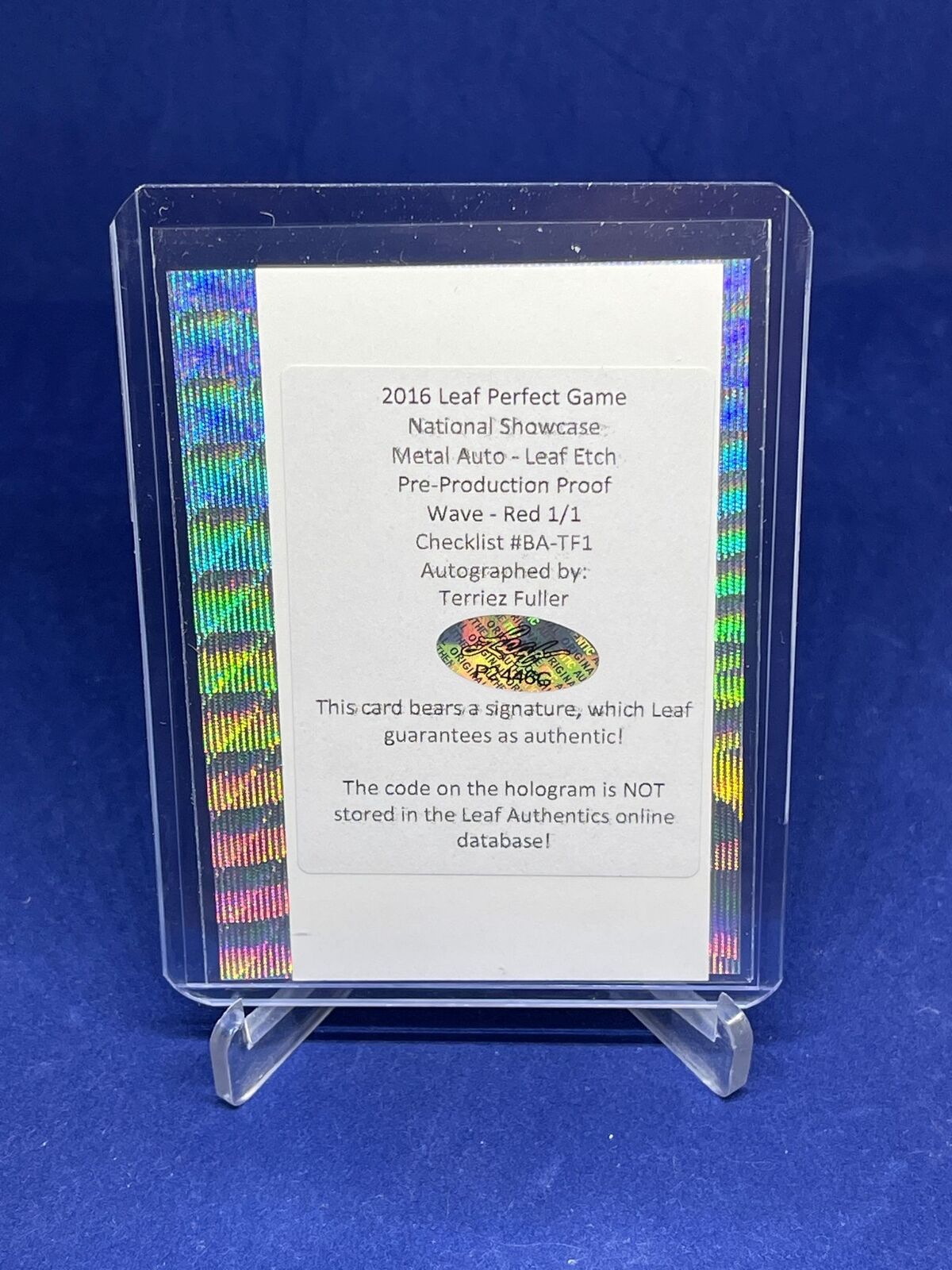 TERRIEZ FULLER 2016 LEAF PERFECT GAME PRE PRODUCTION PROOF RED WAVE AUTO #D 1/1