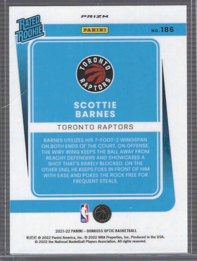 SCOTTIE BARNES 2021-22 PANINI DONRUSS OPTIC SILVER HOLO PRIZM ROOKIE RC #186