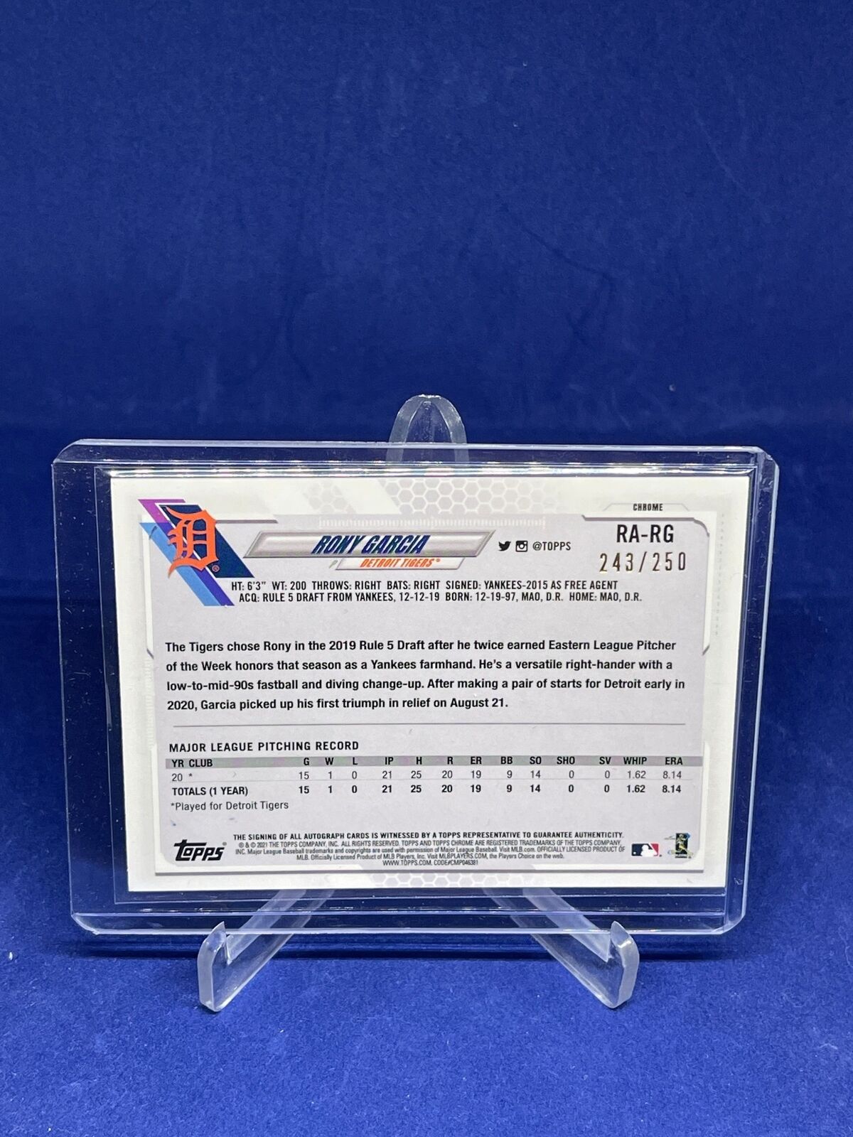 RONY GARCIA 2021 TOPPS CHROME PURPLE REFRACTOR ON CARD AUTO ROOKIE RC #D 243/250
