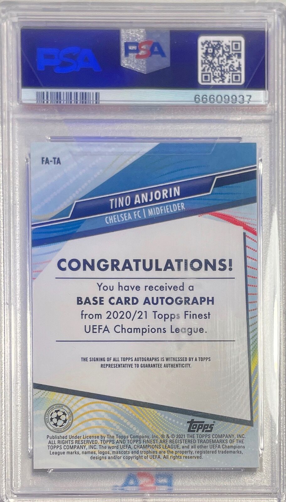 TINO ANJORIN 2020-21 TOPPS FINEST UCL AUTO REFRACTOR RC PSA 10 GEM MINT POP 4