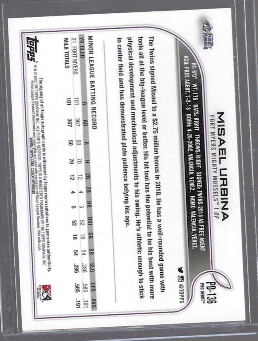 MISAEL URBINA 2022 TOPPS PRO DEBUT PROSPECT AUTO #PD-136