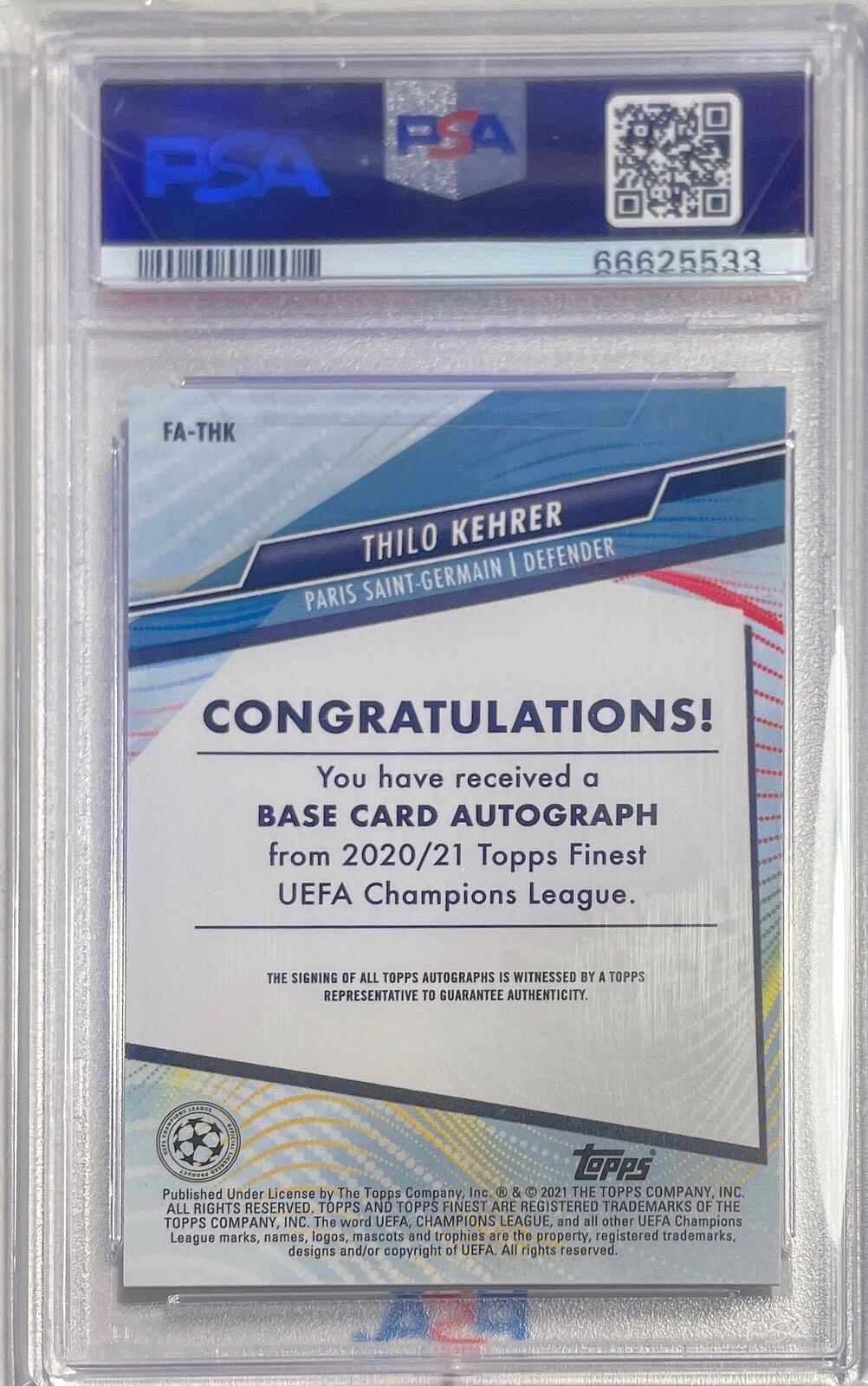 THILO KEHRER 2020-21 TOPPS FINEST UCL AUTO REFRACTOR PSA 10 GEM MINT POP 1/1