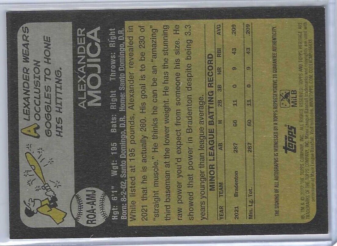 ALEXANDER MOJICA 2022 TOPPS HERITAGE MINOR LEAGUE PROSPECT REAL ONE AUTO #ROAAMJ