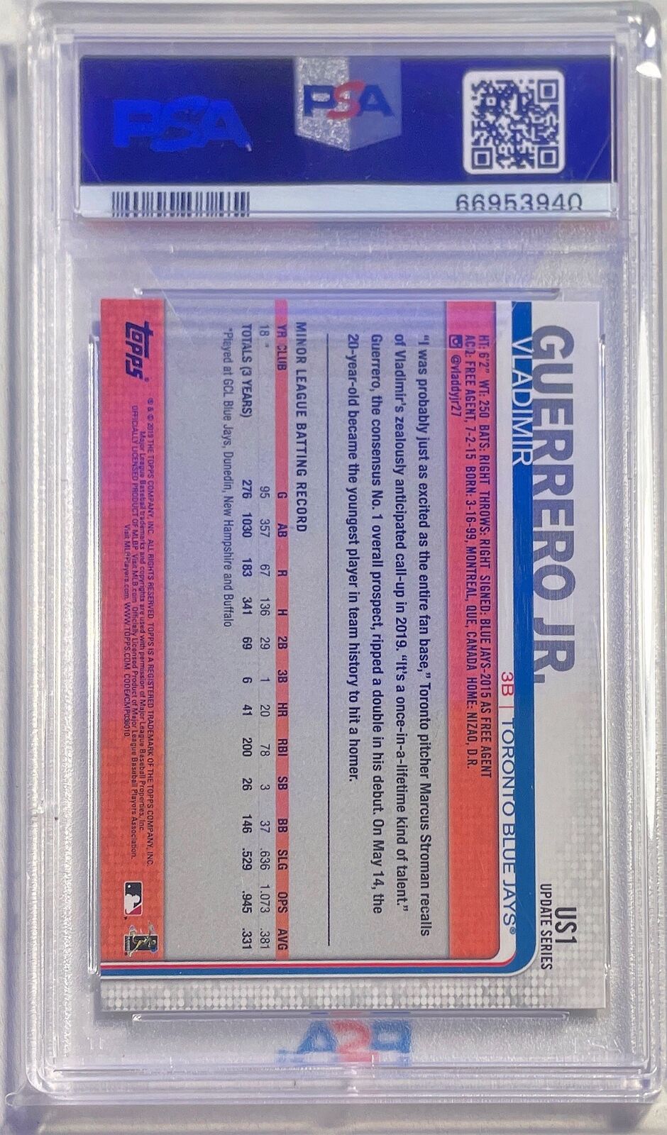 VLADIMIR GUERRERO JR. 2019 TOPPS UPDATE THROWING RAINBOW FOIL RC #US1 PSA 10