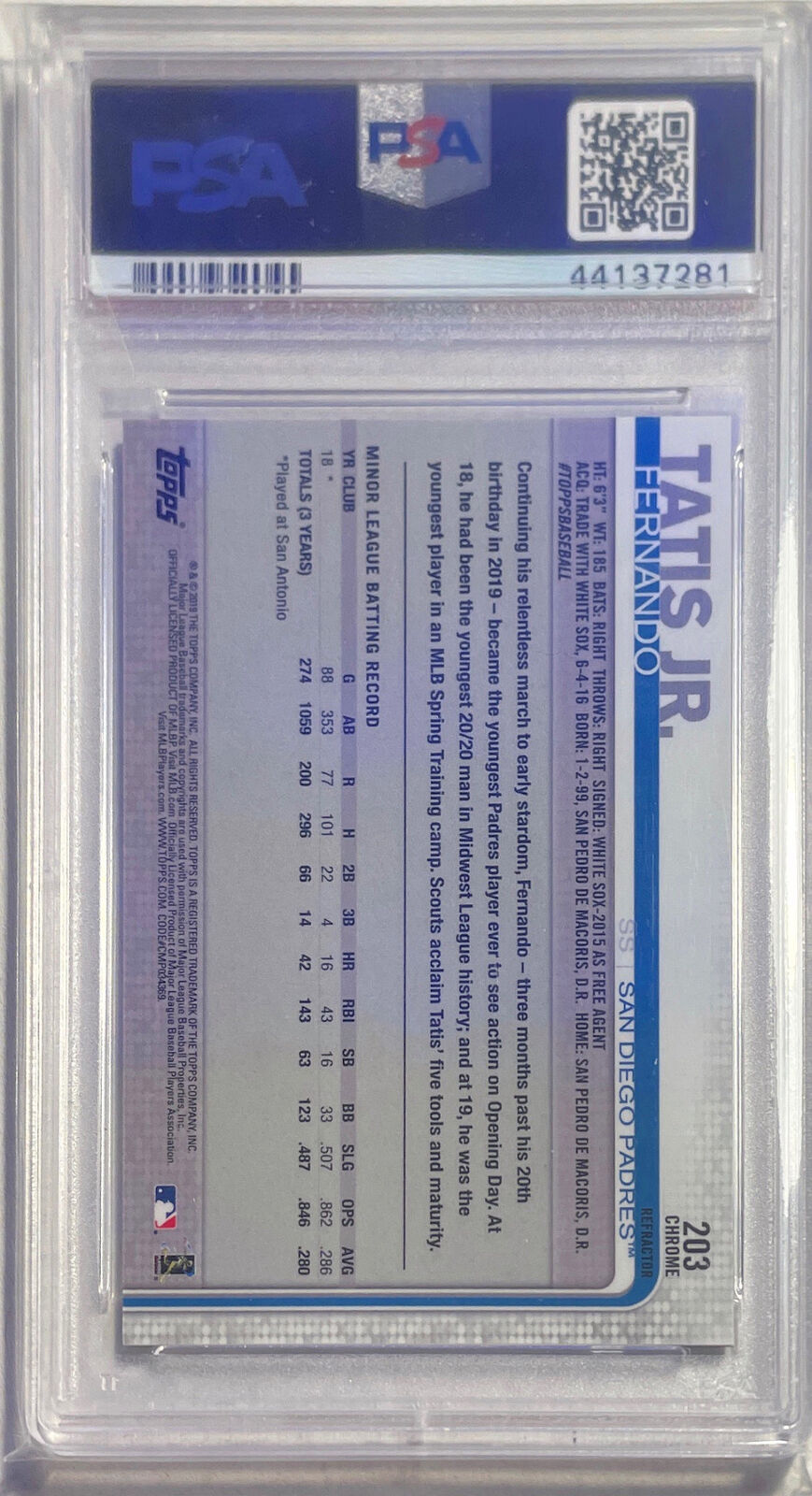 FERNANDO TATIS JR. 2019 TOPPS CHROME SEPIA REFRACTOR RC #203 PSA 9 MINT