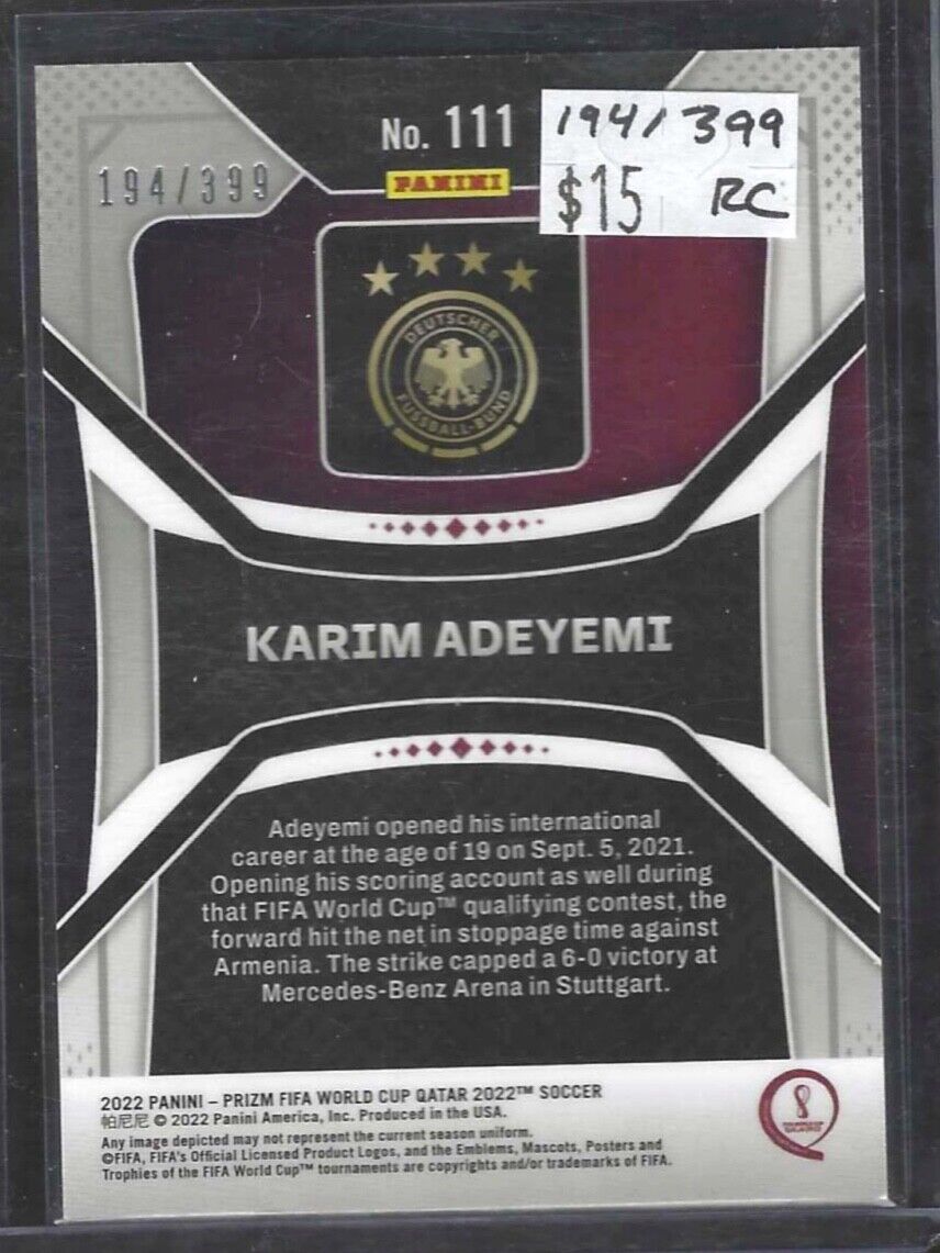 KARIM ADEYEMI 2021-22 PANINI PRIZM WORLD CUP RED PRIZM ROOKIE RC #D 194/399