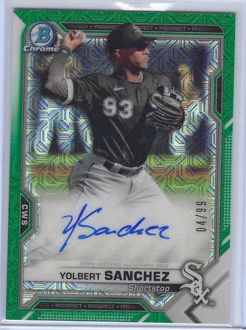 YOLBERT SANCHEZ 2021 BOWMAN CHROME GREEN MEGA REFRACTOR PROSPECT AUTO #D 04/99