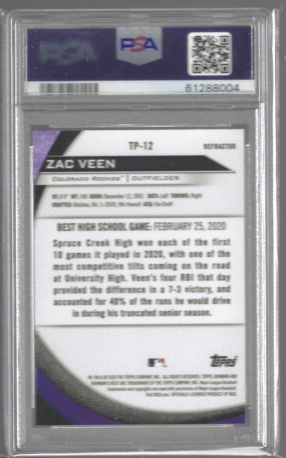 ZAC VEEN 2020 BOWMANS BEST TOP PROSPECTS REFRACTOR #TP-12 PSA 10 GEM MINT POP 26
