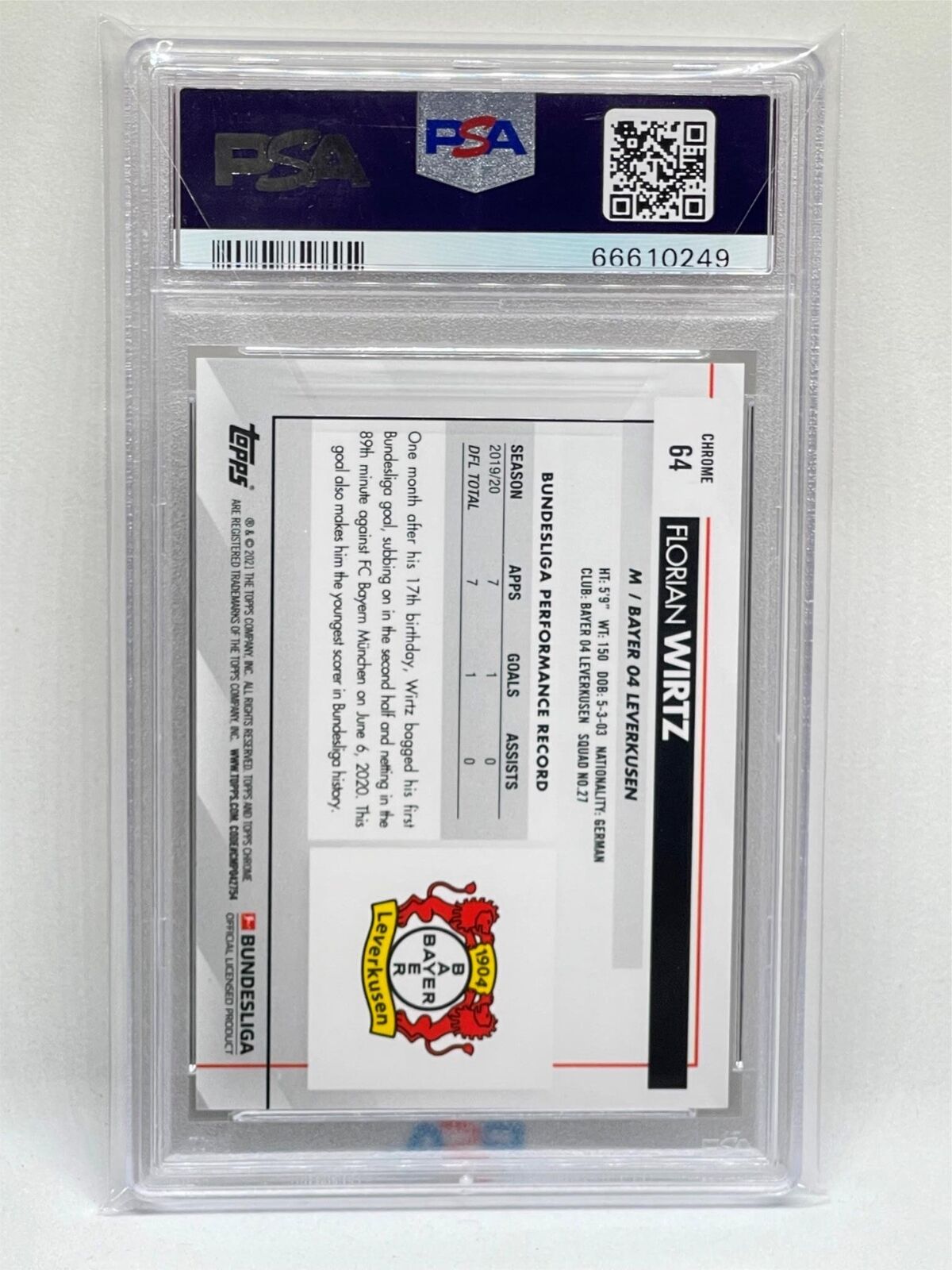 FLORIAN WIRTZ 2020-21 TOPPS CHROME BUNDESLIGA ROOKIE RC #64 PSA 9 MINT
