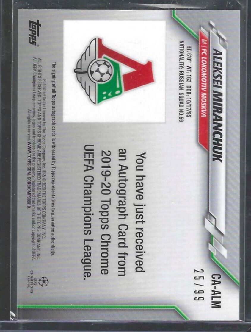 ALEKSEI MIRANCHUK 2019-20 TOPPS CHROME UEFA GREEN REFRACTOR AUTO #D 25/99