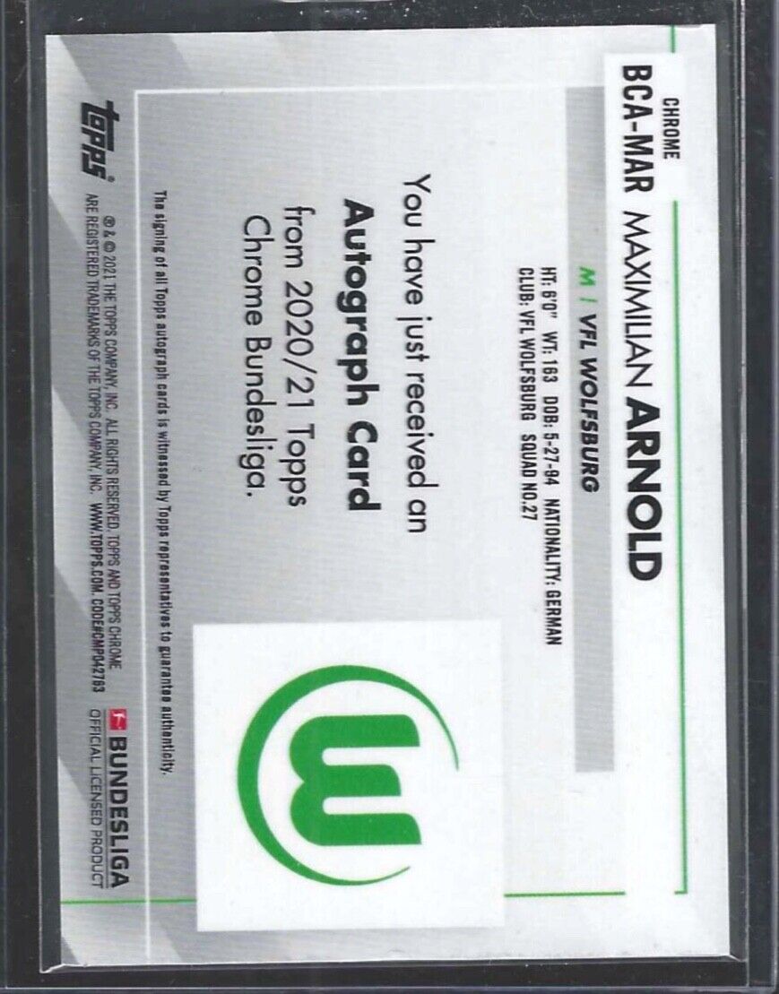 MAXIMILIAN ARNOLD 2020-21 TOPPS CHROME BUNDESLIGA SILVER REFRACTOR AUTO #BCA-MAR