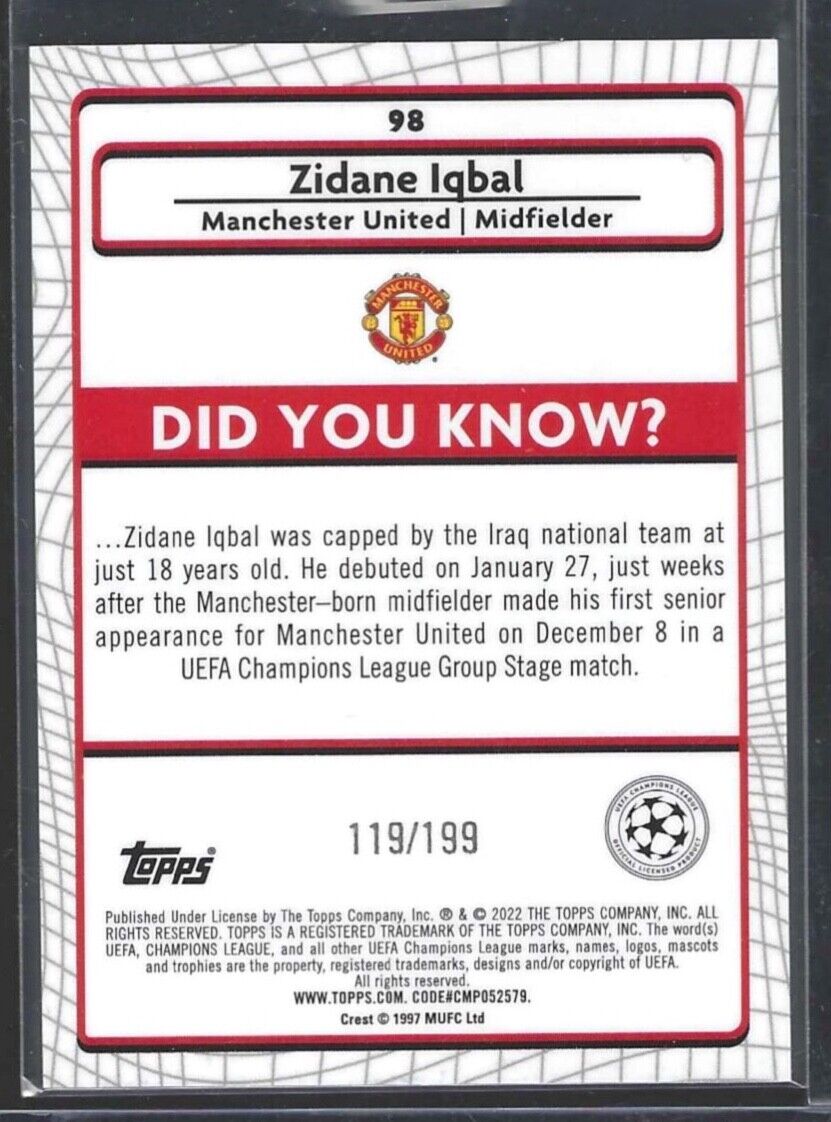 ZIDANE IQBAL 2021-22 TOPPS MERLIN AQUA SPECKLE REFRACTOR ROOKIE RC #D 119/199