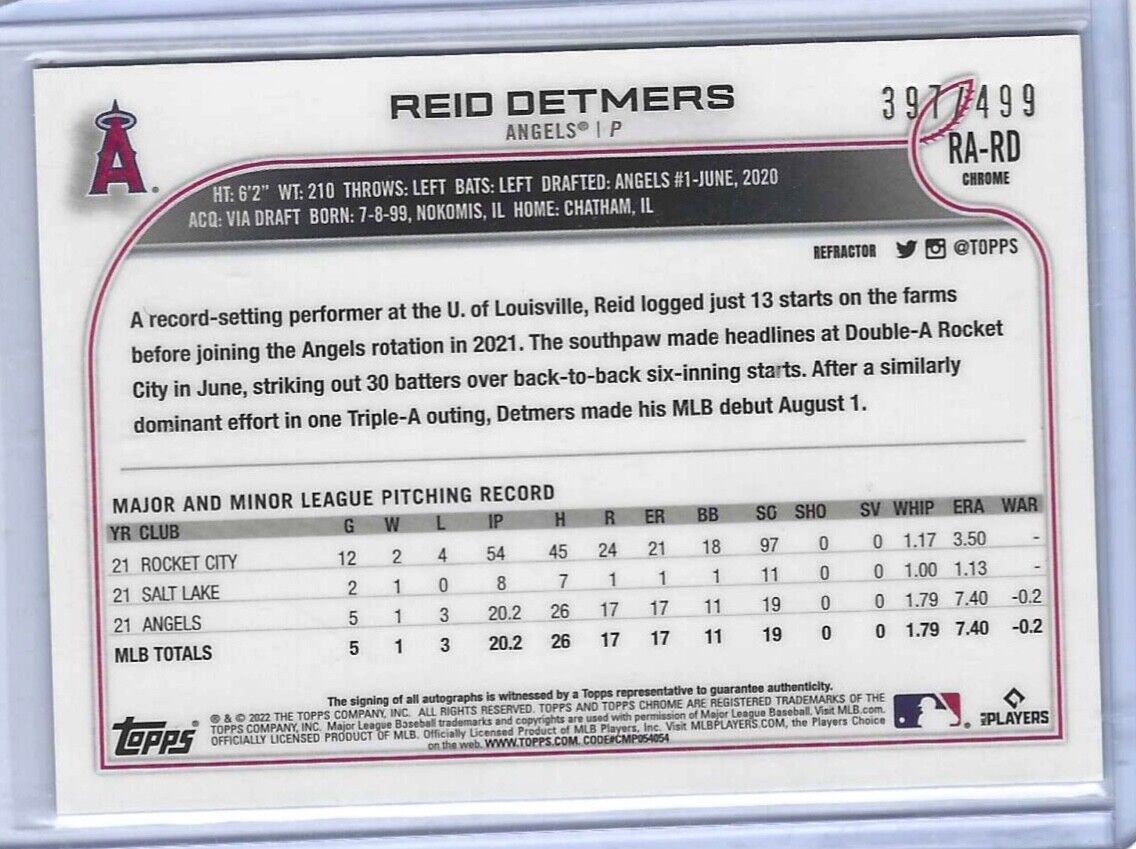 REID DETMERS 2022 TOPPS CHROME REFRACTOR ROOKIE ON CARD AUTO RC #D 397/499
