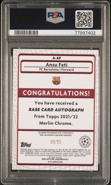 ANSU FATI 2021-22 TOPPS MERLIN CHROME MOJO REFRACTOR AUTO /99 PSA 10 GEM POP 1/1
