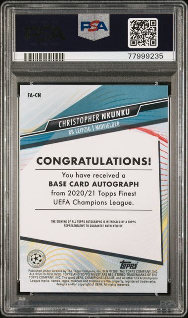 CHRISTOPHER NKUNKU 2021-21 TOPPS FINEST UCL REFRACTOR AUTO #CN PSA 10 GEM MINT