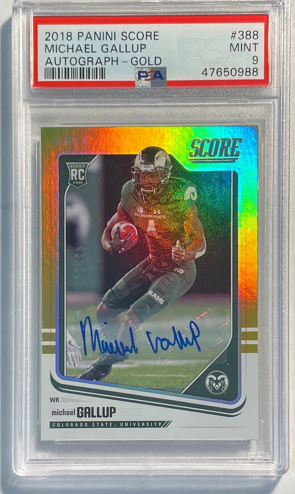 MICHEAL GALLUP 2018 PANINI SCORE GOLD ZONE AUTO ROOKIE RC #D 43/50 PSA 9 POP 1/1