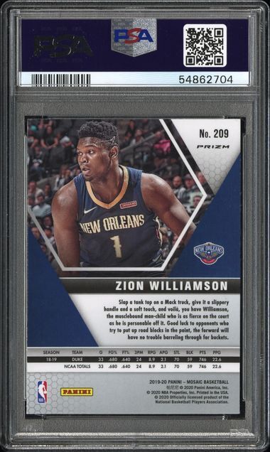 ZION WILLIAMSON 2019-20 PANINI PRIZM SILVER PRIZM ROOKIE RC #209 PSA 9 MINT