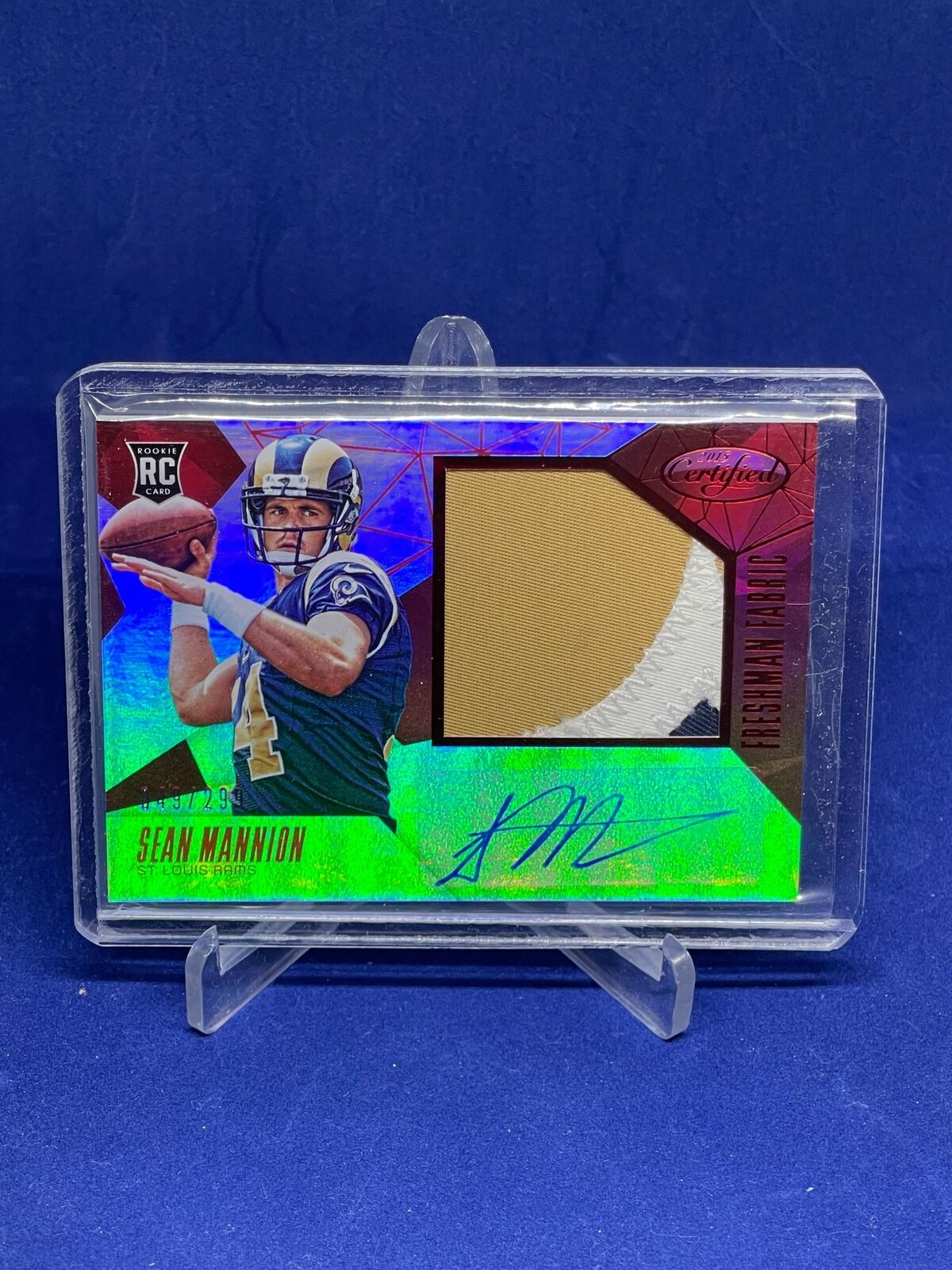 SEAN MANNION 2015 CERTIFIED FRESHMAN FABRIC RED PATCH AUTO ROOKIE RC #D 49/299