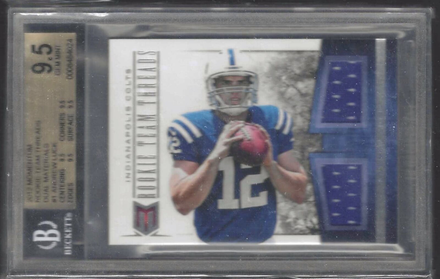 ANDREW LUCK 2012 MOMENTUM ROOKIE TEAM THREADS DUAL JERSEY RC /199 BGS 9.5 POP 2