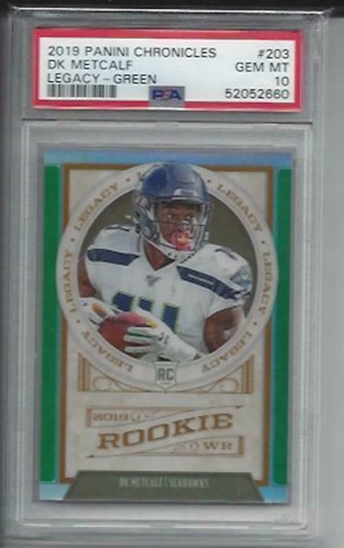 DK METCALF 2019 PANINI CHRONICLES LEGACY GREEN PRIZM RC #D 33/49 PSA 10 POP 3