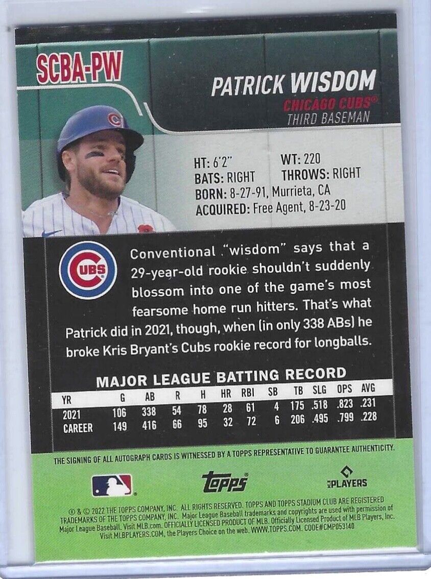 PATRICK WISDOM 2022 TOPPS STADIUM CLUB ON CARD CUBS AUTO #SCBA-PW