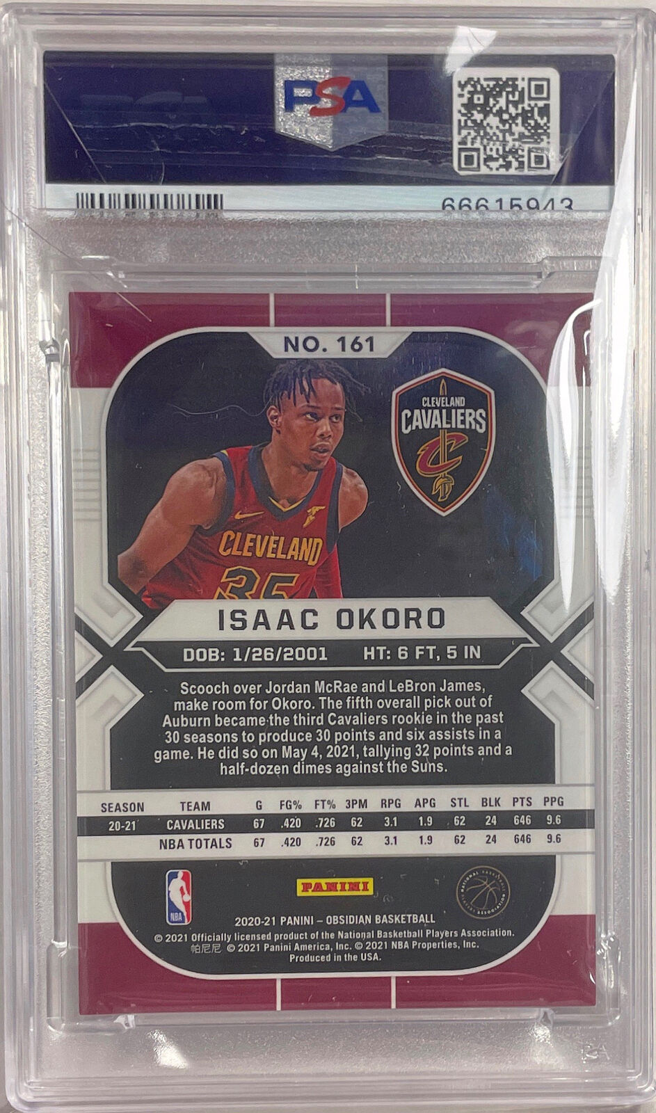 ISAAC OKORO 2020-21 PANINI OBSIDIAN TRUE ROOKIE RC #161 PSA 9 MINT POP 3
